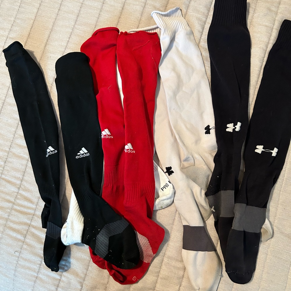 6 pairs of Soccer Socks. Adidas, Nike, and Under Armour. Size XL